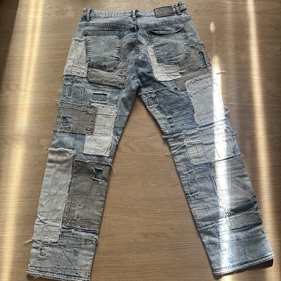 Waimea- Blue Wash Tile Patch Stacked Fit Denim - Picture 2 of 6